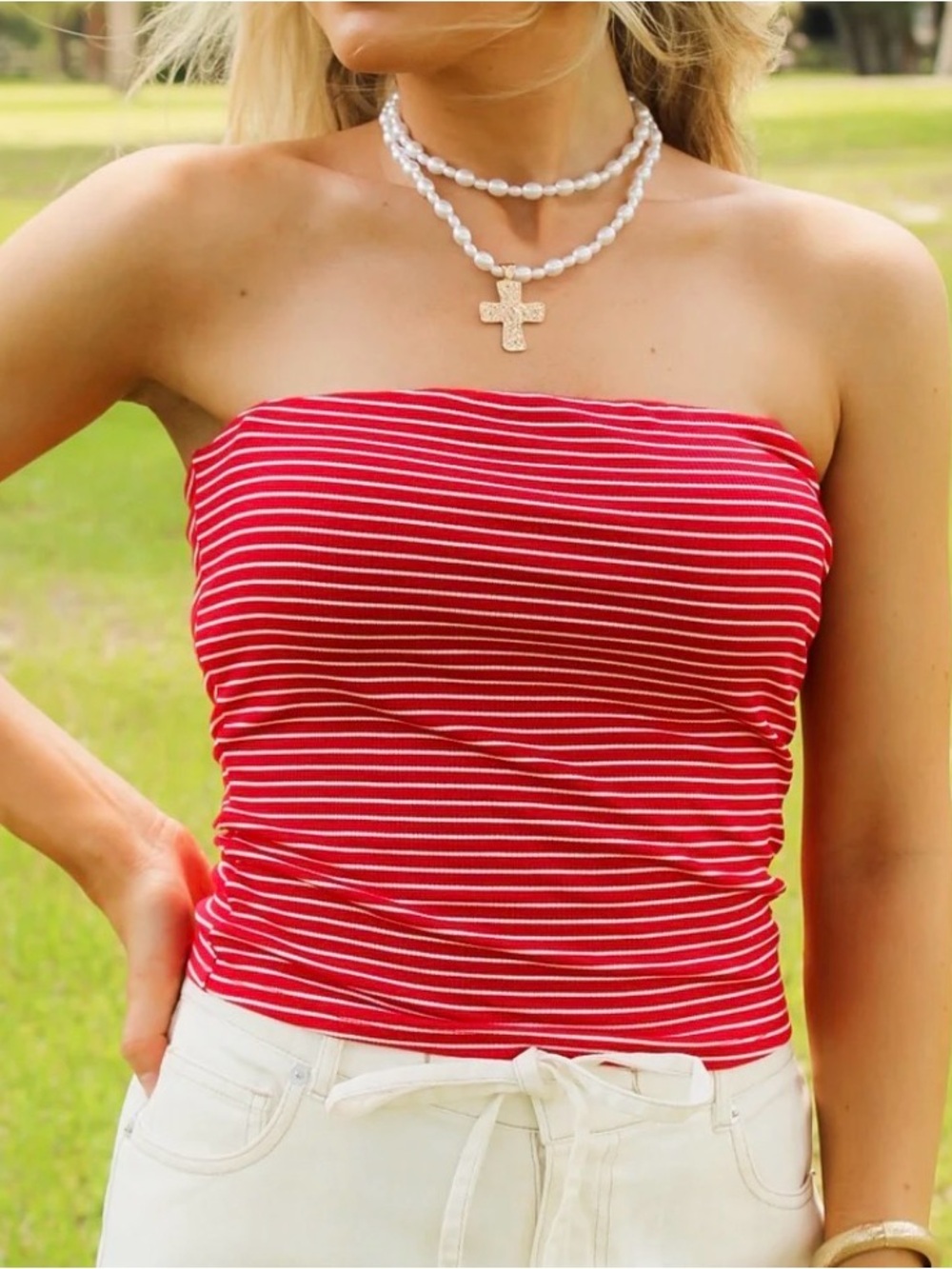 Sadie and sage red and white striped strapless top